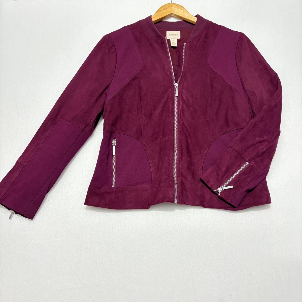 Chicos Faux Suede Mixed Media Moto Bomber Jacket Plum Purple Size 1 M